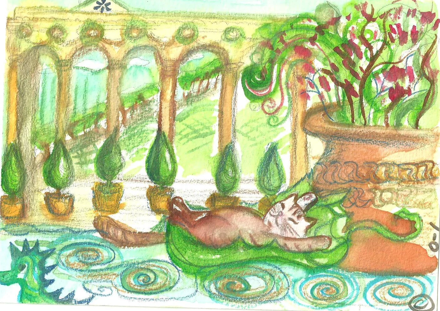 Watercolour: a cat lies stretched out on a green water lily leaf in a pool. Behind it a yellow colonnade with cypresses in pots, on the right a large terracotta urn with red flowering branches, on the left a green sea dragon in the water.